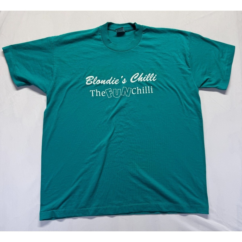 Vintage Fruit Of The Loom T‎ Shirt Mens XL Teal Blondie's Chilli The Fun Chilli